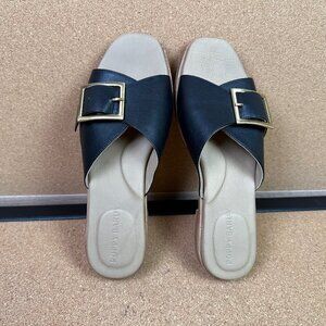 Poppy Barley Black Leather Slide Buckle Sandals Sustainable Minimalist Sz 8